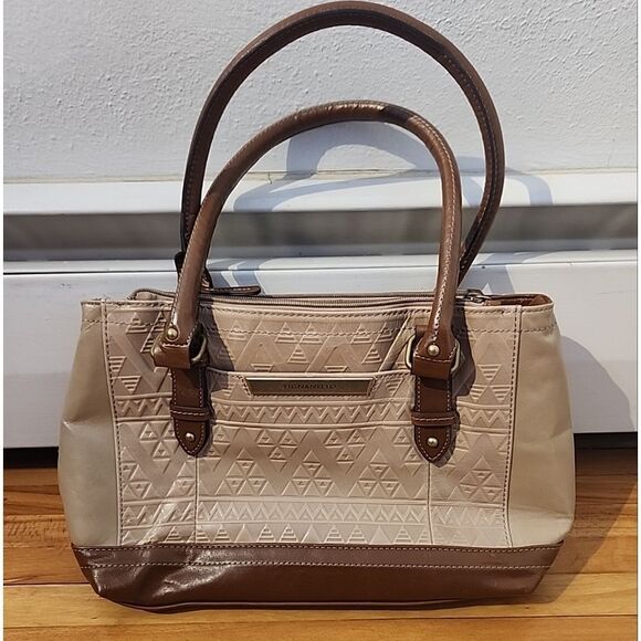 TIGNANELLO TAN BROWN AZTEC GEOMETRIC EMBOSSED DESIGN SHOULDER BAG PURSE - Picture 1 of 11